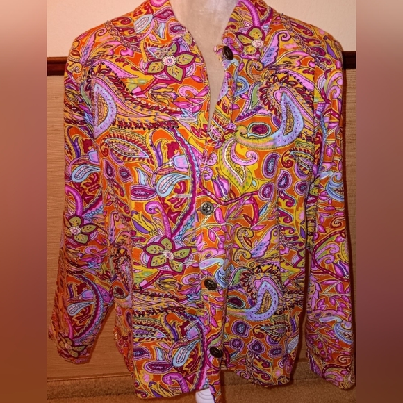 Coldwater Creek~Colorful Pink & Orange  Floral Paisley Sequin Beaded Jacket - Picture 1 of 15